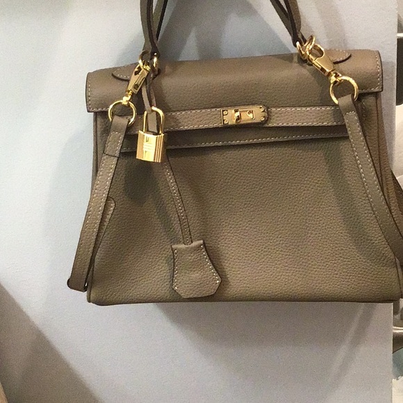 New Elegant Taupe Designer Inspired Satchel Bag with crossbody strap. - Picture 11 of 12